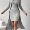 Ribbed Mock Neck Split Hem Matching Two-piece Set, Casual Long Sleeve Top & Dress Outfits, Women's Clothing