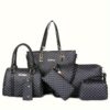 6 Pcs Allover Printed Boston Handbag & Purse Set, PU Leather Zipper Shoulder Bag, Multi-functional Leisure Commuter Bag