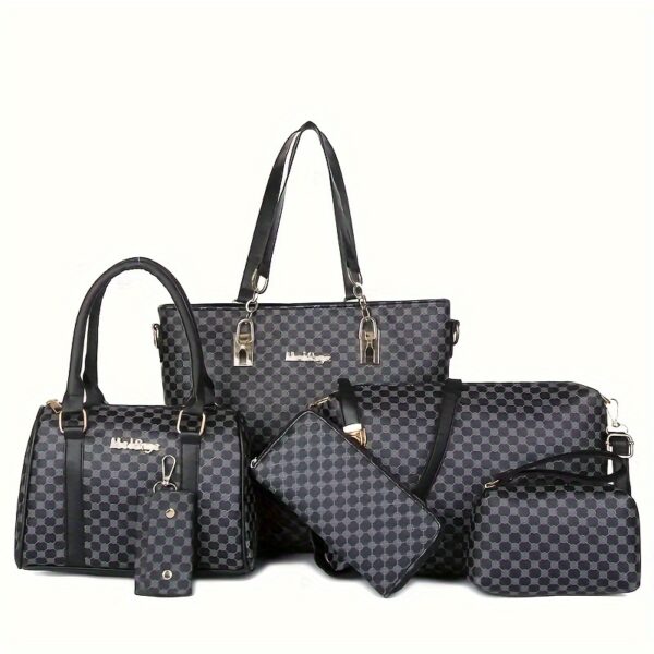 6 Pcs Allover Printed Boston Handbag & Purse Set, PU Leather Zipper Shoulder Bag, Multi-functional Leisure Commuter Bag