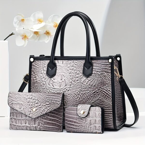 3pcs Set, Crocodile Pattern Deluxe Faux Leather Handbags, Elegant Large Capacity Fashion Tote With Shoulder Bag And Letter Pattern Clutch