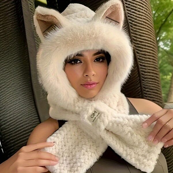 Winter Warm Hooded Scarf Beanie with Cartoon Animal Ears, Fluffy Plush Cotton Knit Neck Warmer, Elastic Moisture-Wicking Cap, Cute Thick Hand Washable Gift for Women - Cross Scarf Design