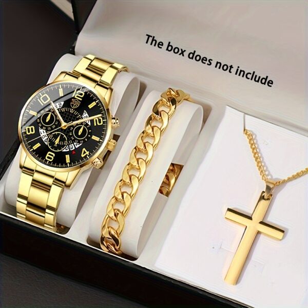3pcs Set Luxury Business Golden Wristwatch, Stainless Steel Date Pointer Quartz Wrist Watch & Bracelet & Necklace