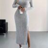 Ribbed Knit Long Sleeve Dress, Casual Crew Neck Split Hem Slim Dress, Women's Clothing