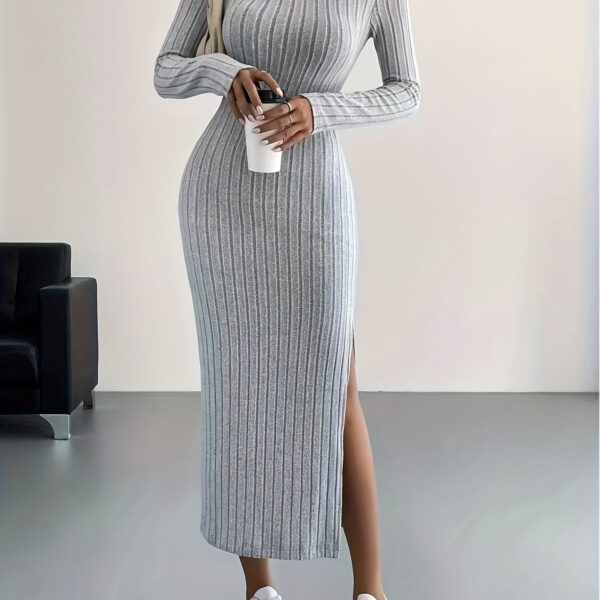 Ribbed Knit Long Sleeve Dress, Casual Crew Neck Split Hem Slim Dress, Women's Clothing