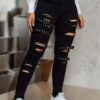 High-Waisted Distressed Denim Jeans For Women, Stretch Cotton Blend, Four-Seasonal, High-Rise, Dark Wash, Straight Leg
