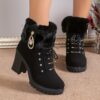 Women's Fashionable Black Lace-Up Winter Boots with Fluffy Fur Trim