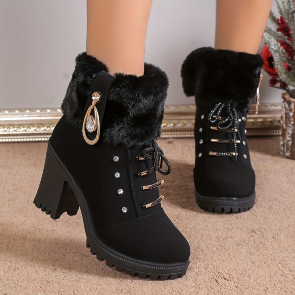 Women's Fashionable Black Lace-Up Winter Boots with Fluffy Fur Trim
