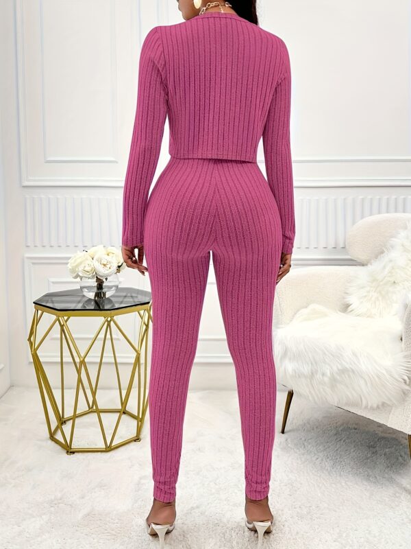 Solid Color Ribbed Two-piece Set, Long Sleeve Button Front Crop Cardigan & Skinny Strapless Jumpsuit Outfits, Women's Clothing