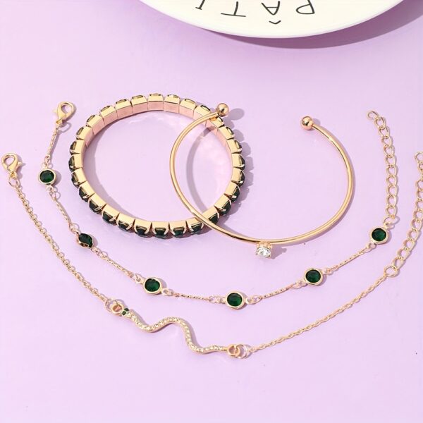 4pcs/Set Elegant Green Imitation Gemstone Rhinestone Claw Chain Snake Bracelet Open Bangle For Women