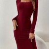 Ribbed Solid Color Bodycon Dress, Elegant Square Neck Long Sleeve Midi Dress For Spring & Fall, Women's Clothing