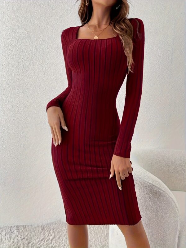 Ribbed Solid Color Bodycon Dress, Elegant Square Neck Long Sleeve Midi Dress For Spring & Fall, Women's Clothing