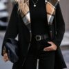 Plaid Pattern Contrast Trim Overcoat, Elegant Shawl Collar Long Sleeve Belted Outwear For Fall & Winter, Women's Clothing