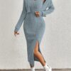 Elegant Solid Two-piece Dress Set, Long Sleeve Open Front Crop Coat & Split Thigh Sleeveless Cami Dress Outfits, Women's Clothing