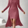 Ribbed Mock Neck Split Hem Matching Two-piece Set, Casual Long Sleeve Top & Dress Outfits, Women's Clothing