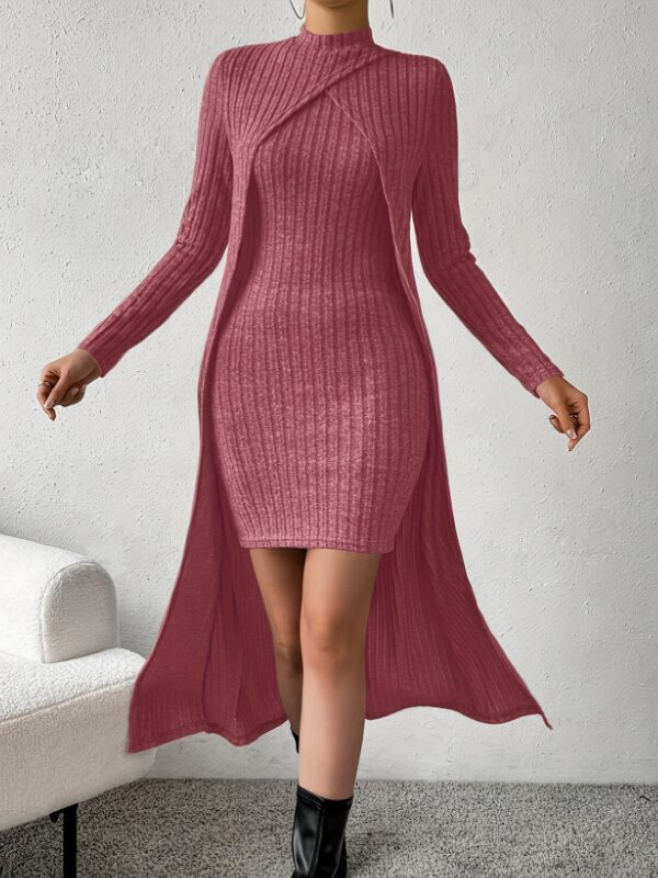 Ribbed Mock Neck Split Hem Matching Two-piece Set, Casual Long Sleeve Top & Dress Outfits, Women's Clothing