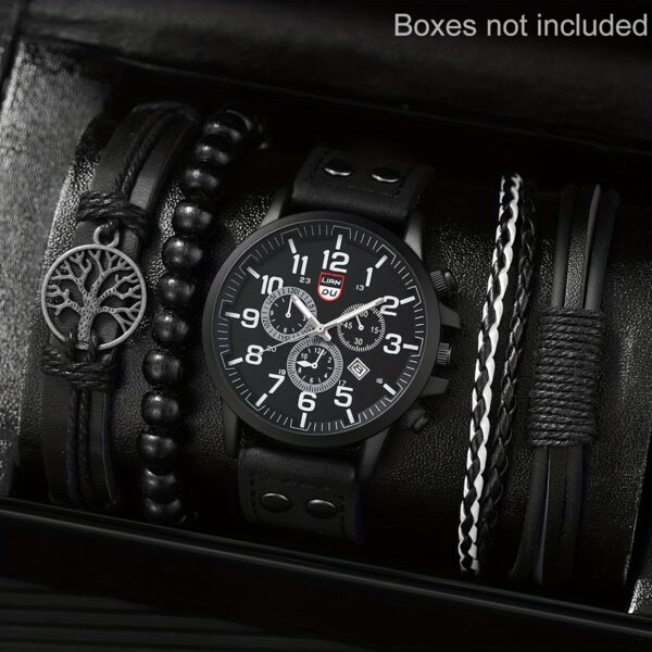 4pcs Watch And Bracelet Set, Men's Casual Quartz Wrist Watch Men's PU Strap Watch And 3pcs Bangle Set, Ideal choice for Gifts