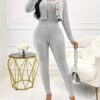 Solid Color Ribbed Two-piece Set, Long Sleeve Button Front Crop Cardigan & Skinny Strapless Jumpsuit Outfits, Women's Clothing