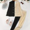 Elegant Color Block Two-piece Set, Double Breasted Long Sleeve Blazer & Pants Outfits, Women's Clothing
