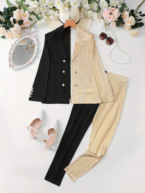 Elegant Color Block Two-piece Set, Double Breasted Long Sleeve Blazer & Pants Outfits, Women's Clothing