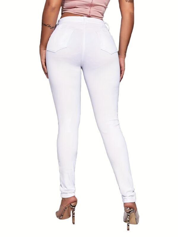 Ripped High Strech Distressed Jeans, Zipper Button Closure Solid Color Slim Fit Denim Pants, Women's Denim Jeans & Clothing