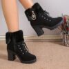 Women's Fashionable Black Lace-Up Winter Boots with Fluffy Fur Trim