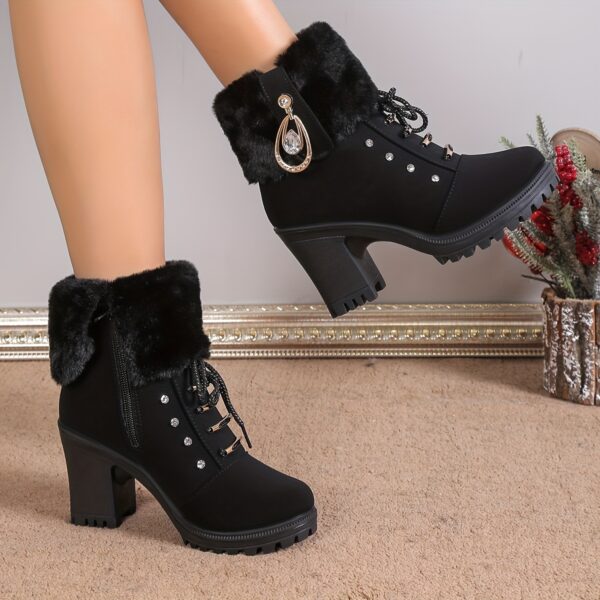 Women's Fashionable Black Lace-Up Winter Boots with Fluffy Fur Trim