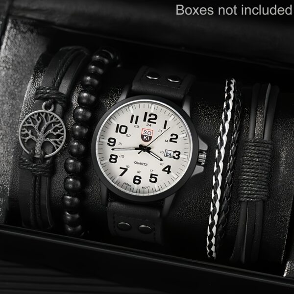 4pcs Watch And Bracelet Set, Men's Casual Quartz Wrist Watch Men's PU Strap Watch And 3pcs Bangle Set, Ideal choice for Gifts