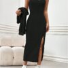 Elegant Solid Two-piece Dress Set, Long Sleeve Open Front Crop Coat & Split Thigh Sleeveless Cami Dress Outfits, Women's Clothing