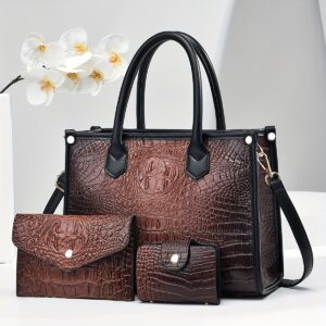 3pcs Set, Crocodile Pattern Deluxe Faux Leather Handbags, Elegant Large Capacity Fashion Tote With Shoulder Bag And Letter Pattern Clutch