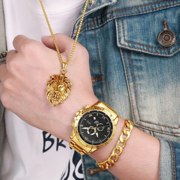 3pcs/set, Men's Stainless Steel Casual Trend Disc Calendar Quartz Watch And Lion Head Necklace Bracelet Set