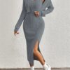 Elegant Solid Two-piece Dress Set, Long Sleeve Open Front Crop Coat & Split Thigh Sleeveless Cami Dress Outfits, Women's Clothing