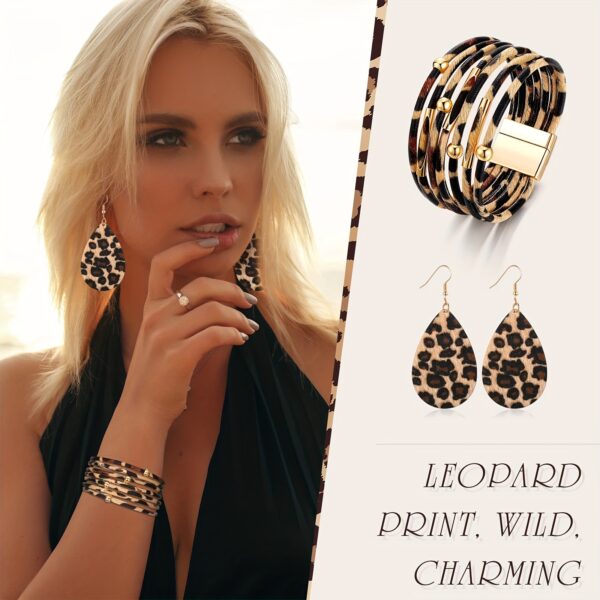 5-Piece Leopard Print Jewelry Set for Women - Plastic Fashion Statement Earrings, Bracelets, Necklace with Tassel Pendant, Clutch Purse - Street Style, Daily & Vacation Wear, All Seasons Accessory Kit