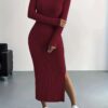 Ribbed Knit Long Sleeve Dress, Casual Crew Neck Split Hem Slim Dress, Women's Clothing