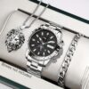 3pcs/set, Men's Stainless Steel Casual Trend Disc Calendar Quartz Watch And Lion Head Necklace Bracelet Set