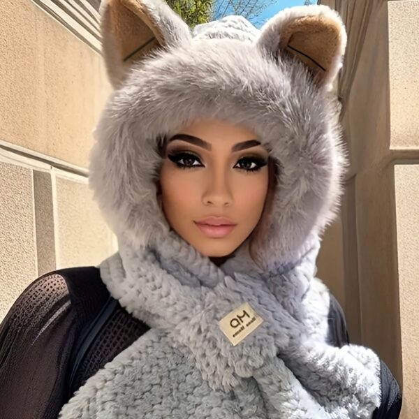 Winter Warm Hooded Scarf Beanie with Cartoon Animal Ears, Fluffy Plush Cotton Knit Neck Warmer, Elastic Moisture-Wicking Cap, Cute Thick Hand Washable Gift for Women - Cross Scarf Design