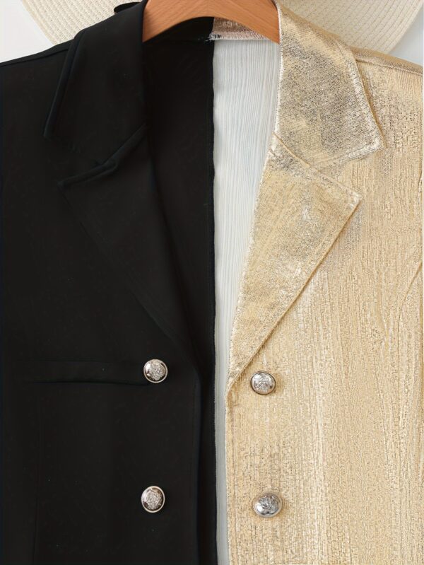 Elegant Color Block Two-piece Set, Double Breasted Long Sleeve Blazer & Pants Outfits, Women's Clothing