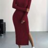 Ribbed Knit Long Sleeve Dress, Casual Crew Neck Split Hem Slim Dress, Women's Clothing