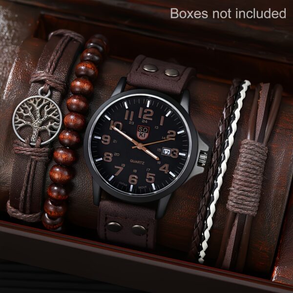 4pcs Watch And Bracelet Set, Men's Casual Quartz Wrist Watch Men's PU Strap Watch And 3pcs Bangle Set, Ideal choice for Gifts
