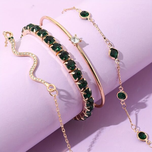 4pcs/Set Elegant Green Imitation Gemstone Rhinestone Claw Chain Snake Bracelet Open Bangle For Women