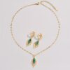 3pcs Gold-plated Grandmother Green Inlaid Rhinestone Leaf Earrings Necklace