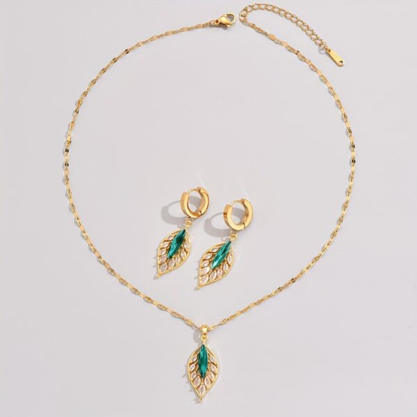 3pcs Gold-plated Grandmother Green Inlaid Rhinestone Leaf Earrings Necklace