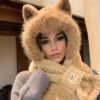 Winter Warm Hooded Scarf Beanie with Cartoon Animal Ears, Fluffy Plush Cotton Knit Neck Warmer, Elastic Moisture-Wicking Cap, Cute Thick Hand Washable Gift for Women - Cross Scarf Design