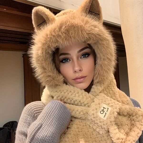 Winter Warm Hooded Scarf Beanie with Cartoon Animal Ears, Fluffy Plush Cotton Knit Neck Warmer, Elastic Moisture-Wicking Cap, Cute Thick Hand Washable Gift for Women - Cross Scarf Design