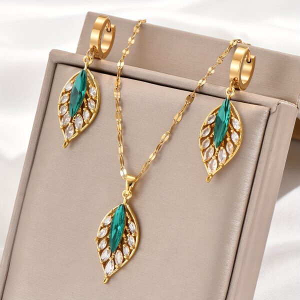 3pcs Gold-plated Grandmother Green Inlaid Rhinestone Leaf Earrings Necklace