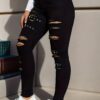 High-Waisted Distressed Denim Jeans For Women, Stretch Cotton Blend, Four-Seasonal, High-Rise, Dark Wash, Straight Leg