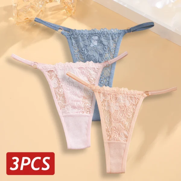 Lace Thongs 3Pcs Women Cotton Panties Sexy Low Rise Transparent Underwear Lady Breathable Lingerie Metal Ring Thin Strap Thong
