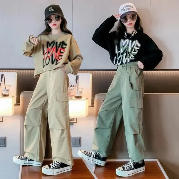 2024 autumn winter Kids tracksuit Children set Girls Clothes loose T-Shirt + wide leg Cargo Pants Teenager 4 5 6 7 10 11 12 year