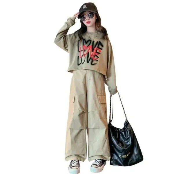 2024 autumn winter Kids tracksuit Children set Girls Clothes loose T-Shirt + wide leg Cargo Pants Teenager 4 5 6 7 10 11 12 year