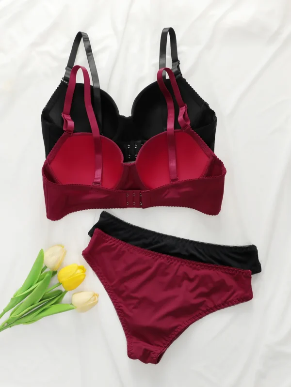 2sets Solid Underwire Lingerie Set Women Push Up Bra With Steel Rin