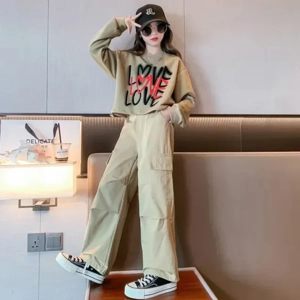 2024 autumn winter Kids tracksuit Children set Girls Clothes loose T-Shirt + wide leg Cargo Pants Teenager 4 5 6 7 10 11 12 year